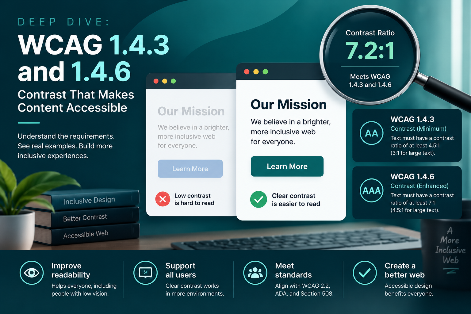 Comparison of low- and high-contrast webpage text, illustrating WCAG 1.4.3 AA and 1.4.6 AAA contrast requirements for more readable content.