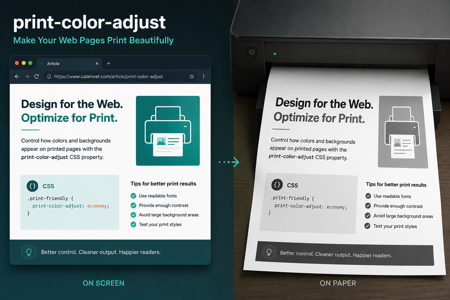 Illustration comparing how a colorful web page appears on screen with how the same page appears when printed.